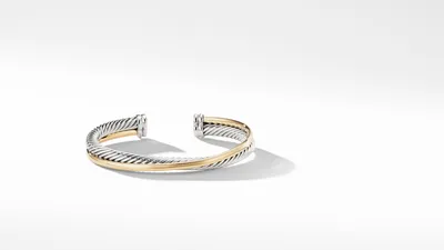Crossover Two Row Cuff Bracelet Sterling Silver with 18K Yellow Gold