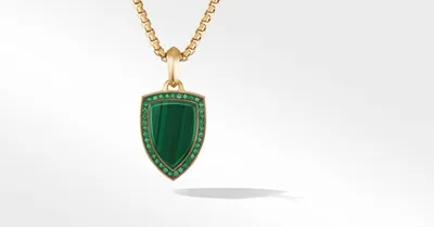 Shield Amulet in 18K Yellow Gold with Malachite and Pavé Emeralds