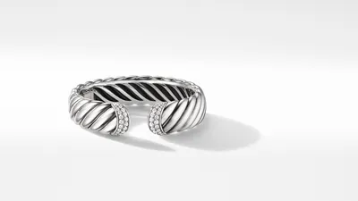 Sculpted Cable Cuff Bracelet Sterling Silver with Pavé Diamonds