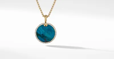 Limited DY Elements® Disc Pendant in 18K Yellow Gold with Chrysocolla and Pavé Diamonds