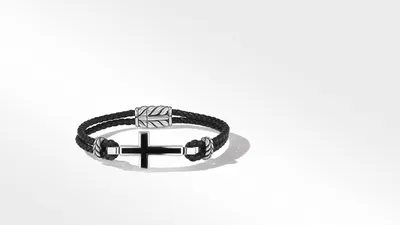 Exotic Stone Cross Black Leather Bracelet with Onyx and Sterling Silver