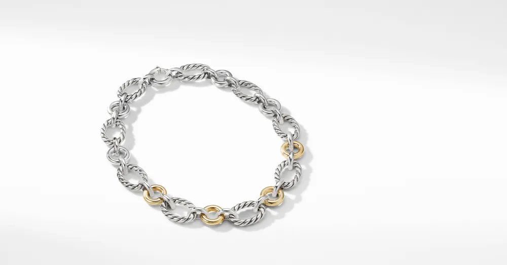 Cable and Smooth Chain Link Necklace in Sterling Silver with 18K Yellow Gold