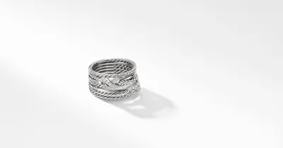 Double X Crossover Ring Sterling Silver with Pavé Diamonds