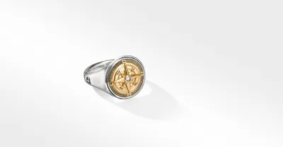 Maritime® Compass Signet Ring Sterling Silver with 18K Yellow Gold and Center Diamond