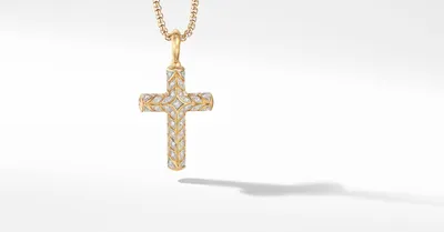 Chevron Cross Pendant in 18K Yellow Gold with Pavé Diamonds