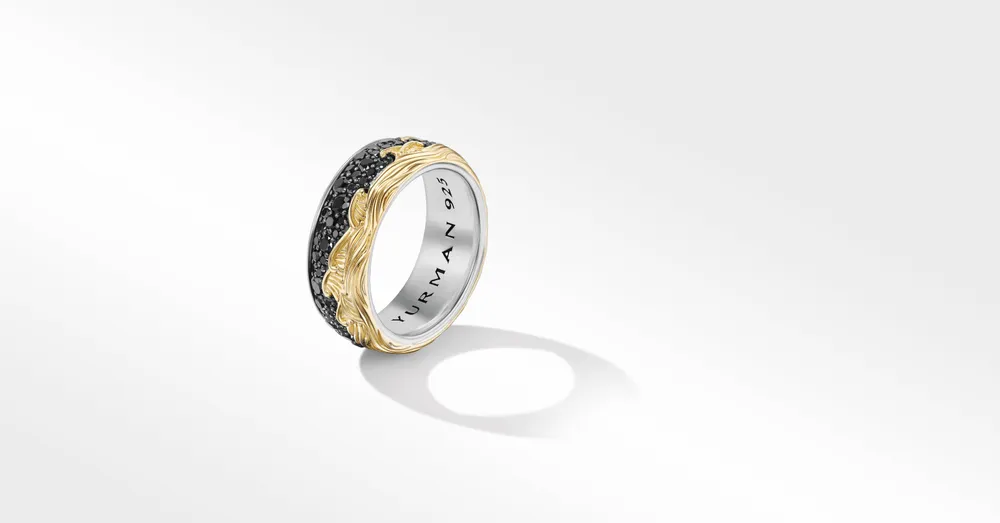 Waves Band Ring Sterling Silver with 18K Yellow Gold and Pavé Black Diamonds