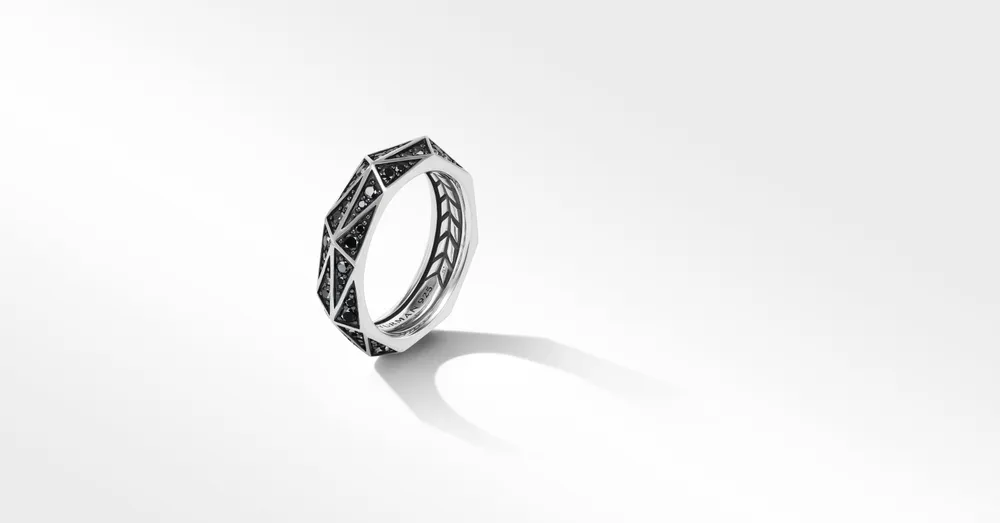Torqued Faceted Band Ring Sterling Silver with Pavé Black Diamonds