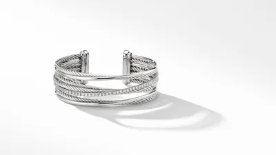 Crossover Four Row Cuff Bracelet Sterling Silver with Pavé Diamonds