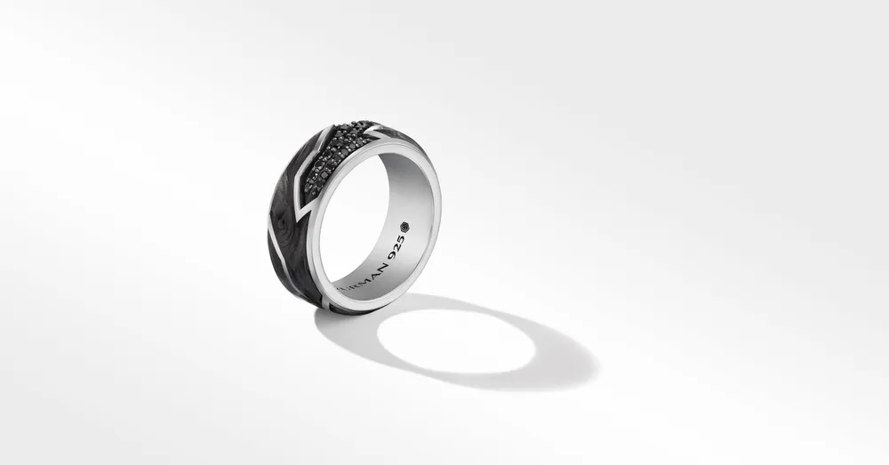 Forged Carbon Beveled Band Ring Sterling Silver with Pavé Black Diamonds