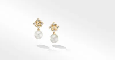 Renaissance Pearl Trillion Drop Earrings in 18K Yellow Gold with Diamonds