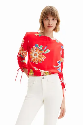 Blouse courte froncée fleurs