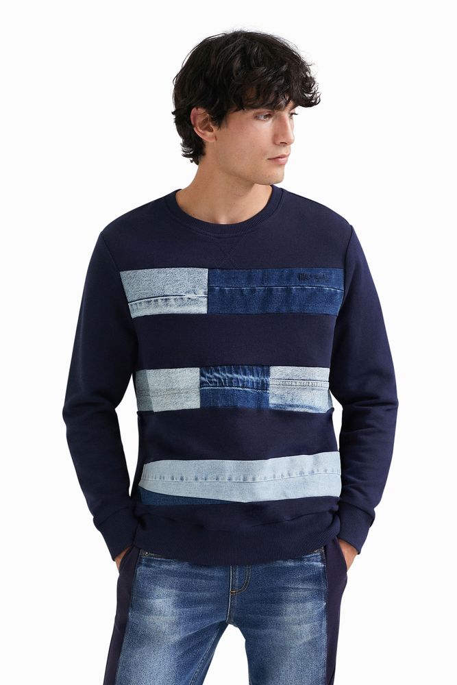 Sweat-shirt coton ouaté patchs en jean