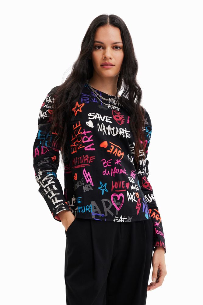 Blouse à manches froncées texte