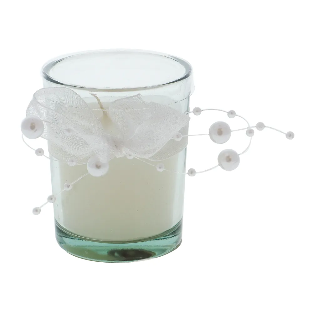Wedding Votive Candle with Ribbon and Pearls - Case of 24