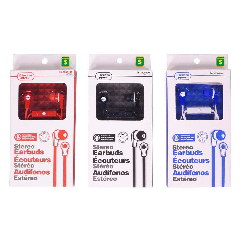 Stereo Earbuds with Microphone (Assorted Colours) - Case of 12