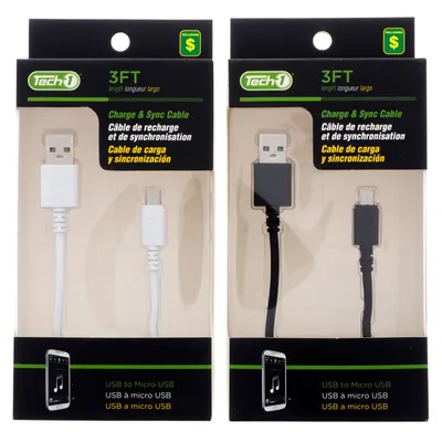 3' Charge and Sync USB to Micro USB Cable (Assorted Colours) - Case of 24