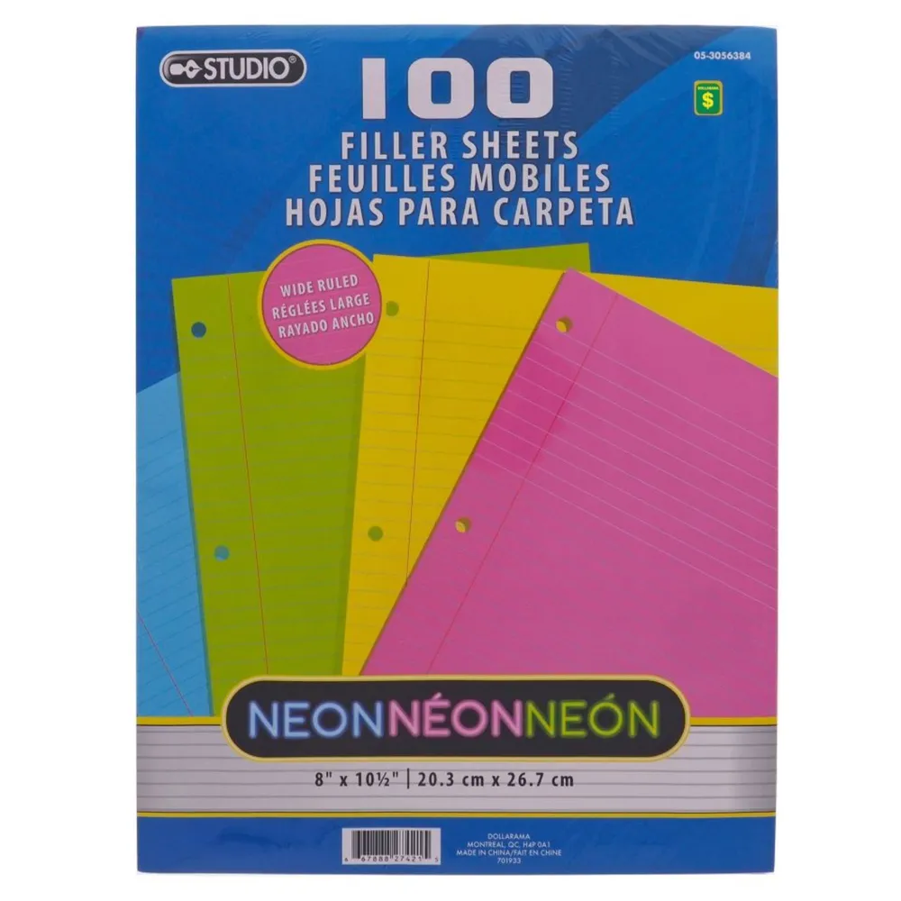 Dollarama 100 PK Neon Colored Wide Ruled Filler Paper - Case of 18