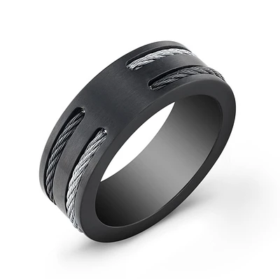 Men's band - Black stainless steel & Black and white metal cables. Color: 2 tone | Doucet Latendresse