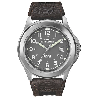 Timex watch for men with a water-resistant leather and proplene strap. 40mm wide silver-colored case. Grey dial. INDIGLO® night-light. QUICK-DATE® feature. Water-resistant to 50 meters | Doucet Latendresse