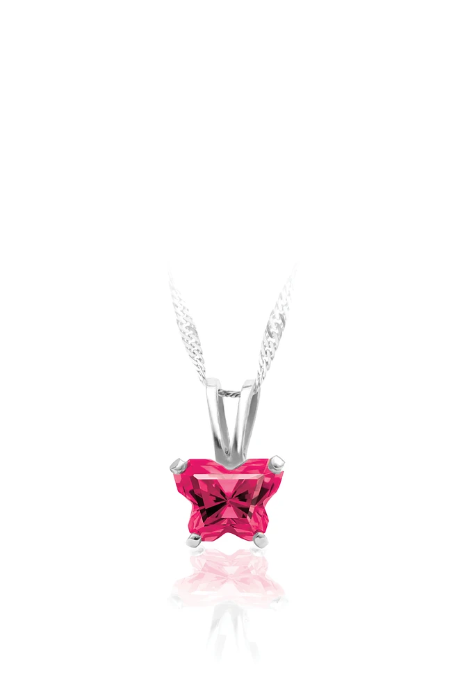 Pendentif BFLY pour bébé serti d'un zircon cubique fuschia (mois de juillet) - Chaîne incluse. Color: argent | Doucet Latendresse