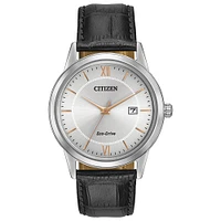 Citizen Eco-Drive watch for men - Silver dial with mineral crystal & Genuine black leather band | Doucet Latendresse