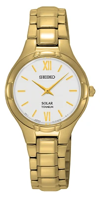 Montre solaire Seiko pour femmes - Cadran blanc avec mouvement quartz | Doucet Latendresse