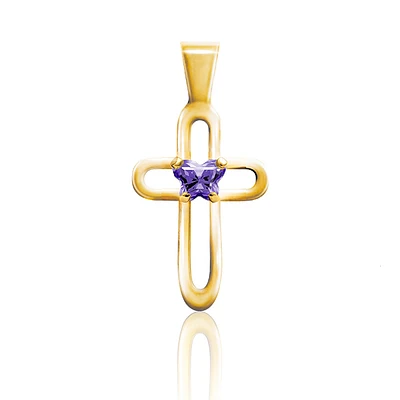 Pendentif croix BFLY pour bébés serti d'un zircon cubique mauve (mois de février) - Or jaune 10K. Color: jaune | Doucet Latendresse