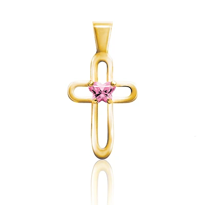 Pendentif croix BFLY pour bébés serti d'un zircon cubique rose (mois d'octobre) - Or jaune 10K. Color: jaune | Doucet Latendresse