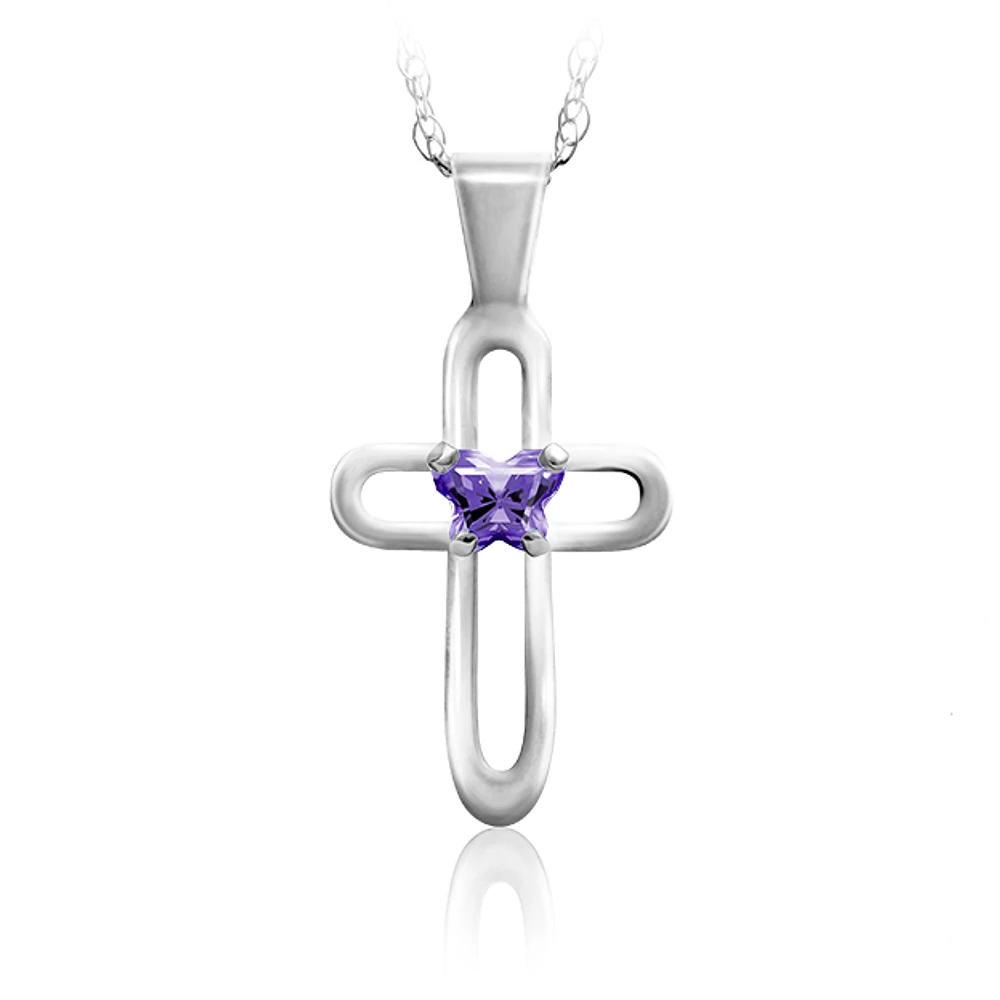 Pendentif croix BFLY pour enfants - argent sterling & zircon cubique mauve (mois de février). Color: argent | Doucet Latendresse