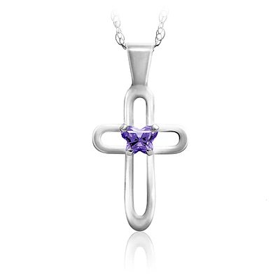 Pendentif croix BFLY pour enfants - argent sterling & zircon cubique mauve (mois de février). Color: argent | Doucet Latendresse