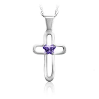 Pendentif croix BFLY pour enfants - argent sterling & zircon cubique mauve (mois de février). Color: argent | Doucet Latendresse