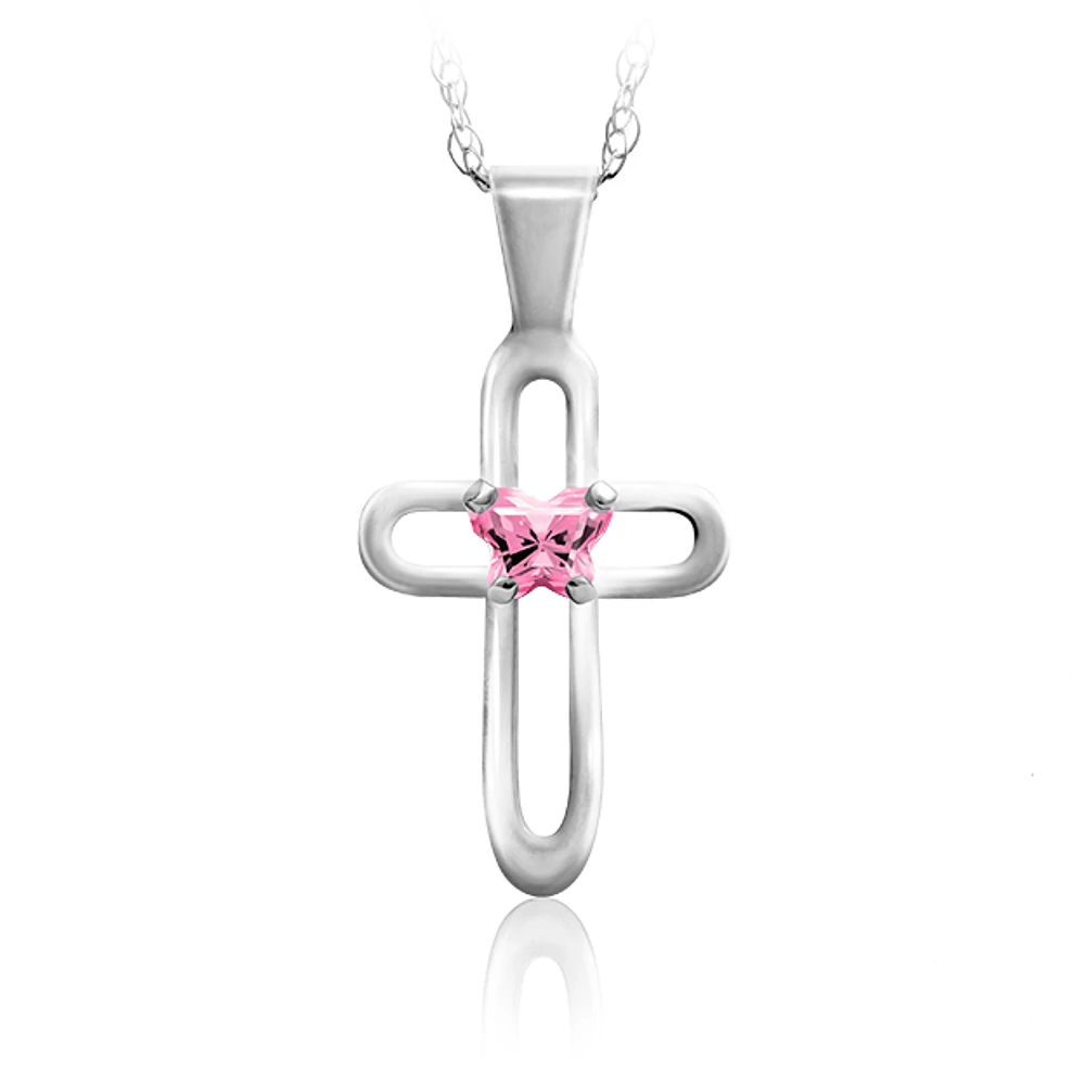 Pendentif croix BFLY pour enfants serti d'un zircon cubique rose (mois d'octobre) - Argent sterling. Color: argent | Doucet Latendresse