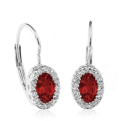 Dangling earrings for women - 10K white Gold set with diamonds T.W. 0.10 Carats and genuine rubies. Color: white | Doucet Latendresse