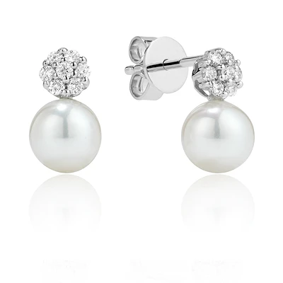 Boucles d’Oreilles Clous en Or 14K avec Diamants et Perles. Color: blanc | Doucet Latendresse