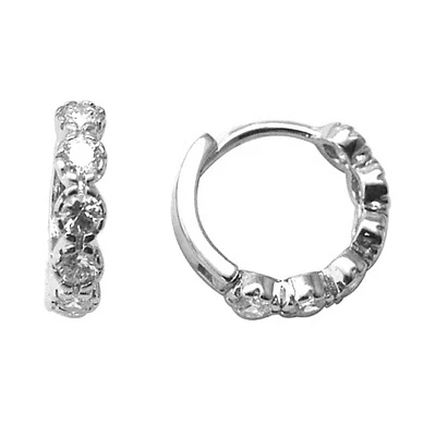 Sterling silver huggies style earrings set with cubic zirconia. Color: white | Doucet Latendresse