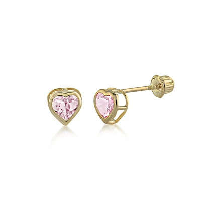 Heart earrings for kids - 14K yellow Gold & pink cubic zirconia. Color: yellow | Doucet Latendresse