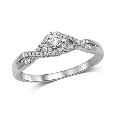 Bague de Fiançailles Halo Torsadée en Or Blanc 10K avec Diamants. Color: blanc | Doucet Latendresse