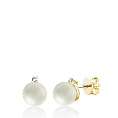 Stud earrings for woman - 10K yellow gold with cultured pearls & Diamonds. Color: yellow | Doucet Latendresse