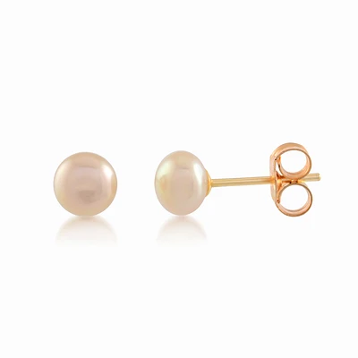 Stud earrings with 4.5-5mm pink fresh water pearls - in 10K yellow gold. Color: yellow | Doucet Latendresse