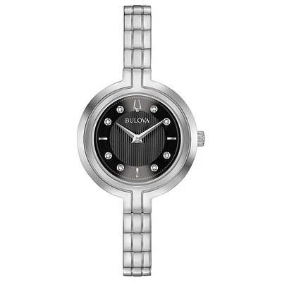 BULOVA WATCH FOR WOMEN SILVER TONE STAINLESS STEEL WITH BLACK DIAL & DIAMONDS | Doucet Latendresse