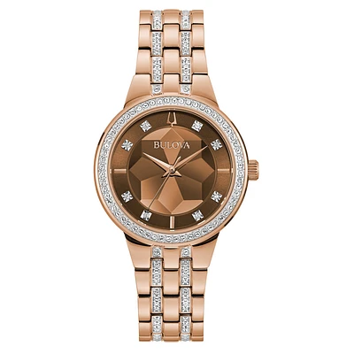 Montre Bulova en Acier Inoxydable Doré Rose avec Accents de Cristaux – 32mm, Cadran Géométrique | Doucet Latendresse