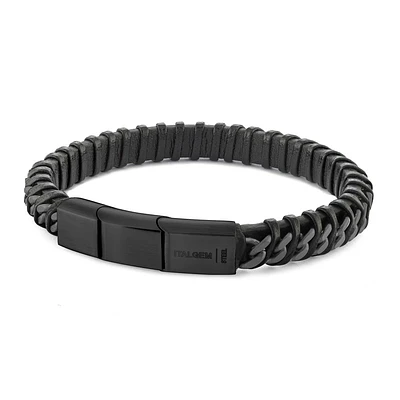 Bracelet for man - Stainless steel mate & Black braided leather 8. Color: black | Doucet Latendresse