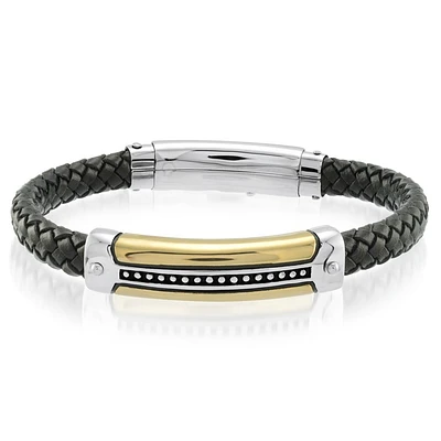 Ion Plated Stainless Steel Black Leather Adjustable Bracelet. Color: 2 tone | Doucet Latendresse