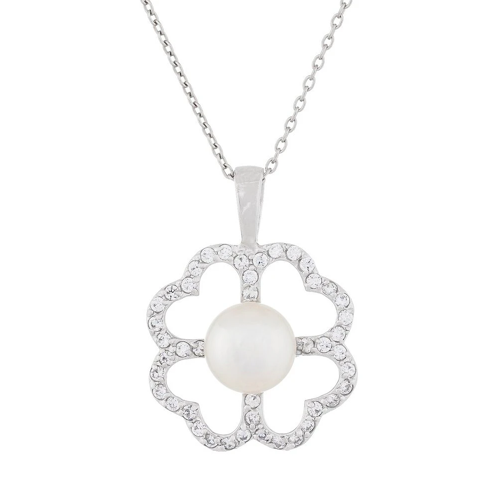 Pendentif Fleur en perles et collier (17 pouces) en argent sterling serties 0.952 de zircons cubiques. Color: blanc | Doucet Latendresse