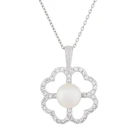 Pendentif Fleur en perles et collier (17 pouces) en argent sterling serties 0.952 de zircons cubiques. Color: blanc | Doucet Latendresse