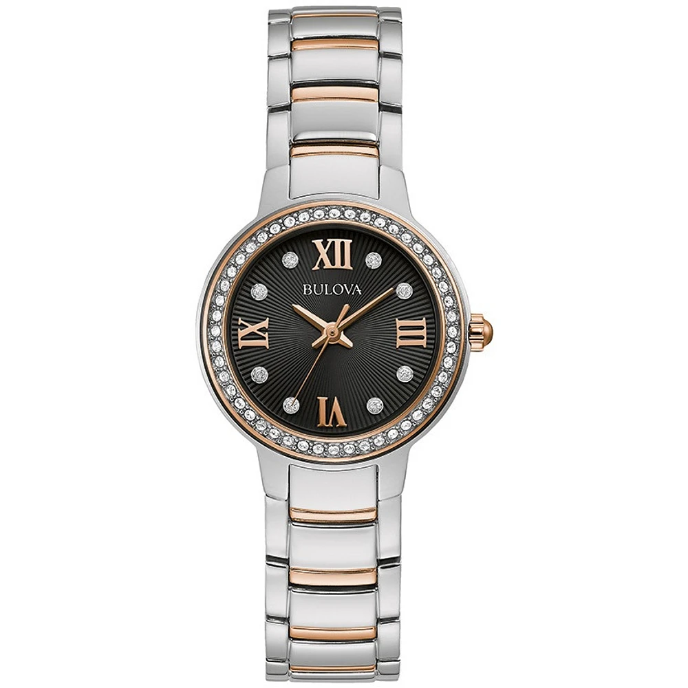Two-Tone Stainless Steel Watch – 30mm, Black Dial with Crystal Markers | Doucet Latendresse