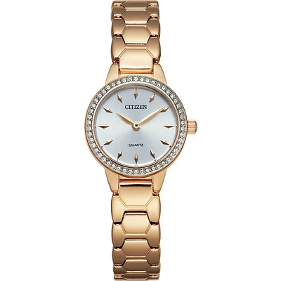 Citizen Gold Ladies Watch With Crystal Bezel -: Styled with rich rose gold tones, silver dial and a crystal bezel setting. | Doucet Latendresse