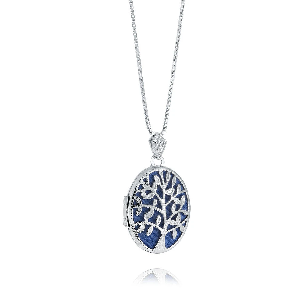 Pendentif locket ovale bleu , motif arbre de vie -chaine 16. Color: blanc | Doucet Latendresse