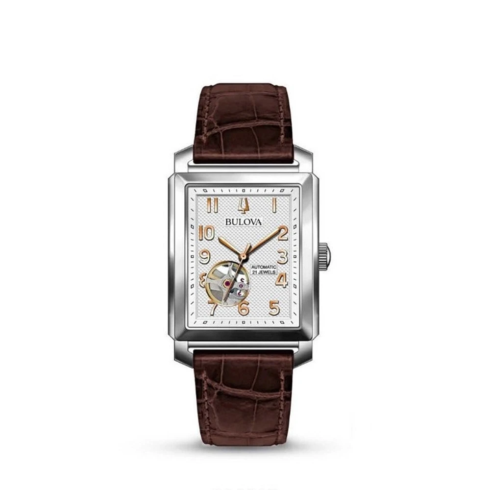 Automatic Silver White Dial Men's Bulova Watch with a leather strap | Doucet Latendresse