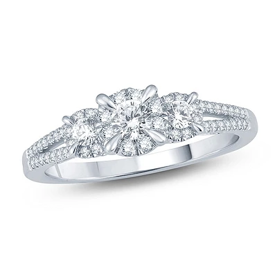10K White Gold Three-Stone Diamond Ring with Pavé Split Shank. Color: white | Doucet Latendresse